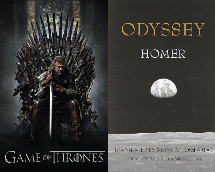Left: Game of Thrones poster featuring Ned Stark on the Iron Throne. Right: Cover of the Odyssey by Homer (Translated by Stanley Lombardo, Introduction by Sheila Murnaghan)