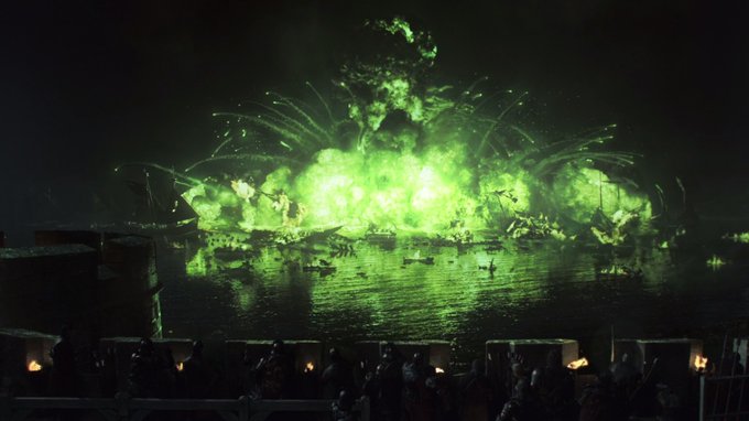 Green fire explosion on ships.